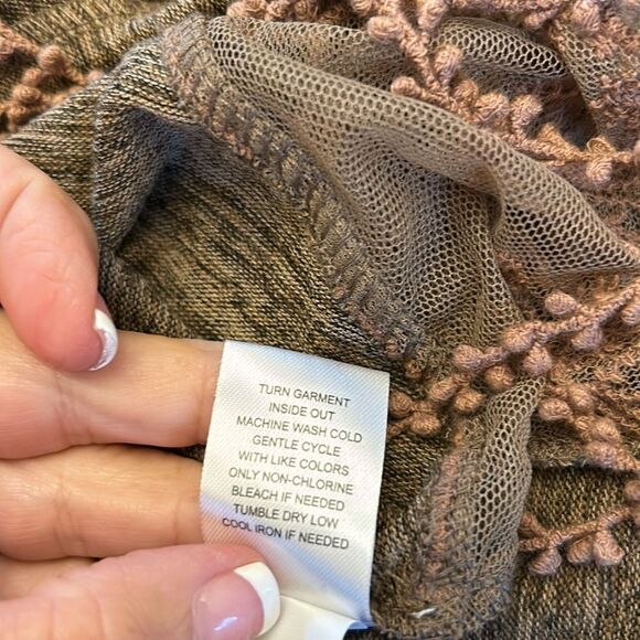One World brown long floral mesh fringed open cardigan Size L EUC - Picture 10 of 10
